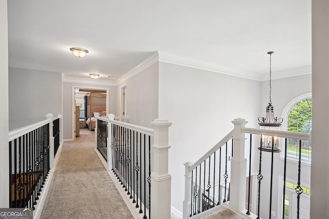 960 Pebblestone Ct, Alpharetta, GA 30009 - hall featuring an upstairs landing, crown molding, and carpet