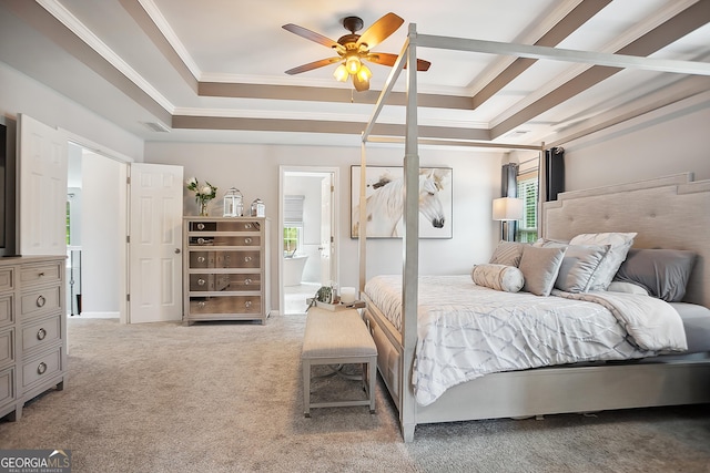 960 Pebblestone Ct, Alpharetta, GA 30009 - carpeted bedroom featuring a raised ceiling, crown molding, ensuite bath, and ceiling fan