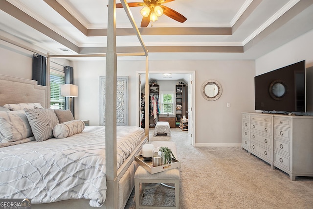 960 Pebblestone Ct, Alpharetta, GA 30009 - bedroom featuring light colored carpet, a tray ceiling, ornamental molding, and ceiling fan