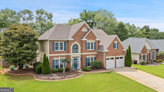 960 Pebblestone Ct, Alpharetta, GA 30009 - view of front of house with brick siding, driveway, a front lawn, and a shingled roof