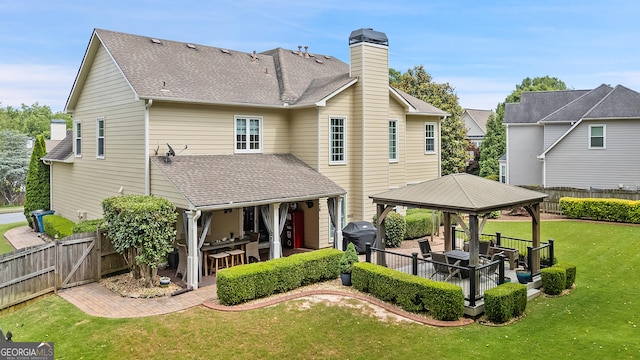 960 Pebblestone Ct, Alpharetta, GA 30009 - rear view of property featuring a gazebo, a patio area, a shingled roof, and a chimney