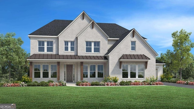 4975 Travers Ln, Cumming, GA 30040 - view of front of property with a standing seam roof, a front lawn, brick siding, and metal roof