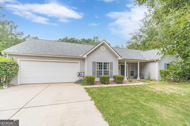 123 Chippewa Run, Auburn, GA 30011 - ranch-style home with concrete driveway, a garage, a front lawn, and a shingled roof