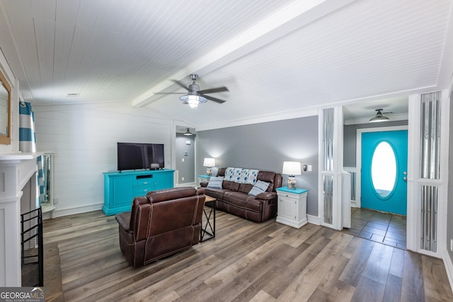 102 Fern Way, Thomaston, GA 30286 - living area featuring a ceiling fan, wood finished floors, baseboards, and a fireplace