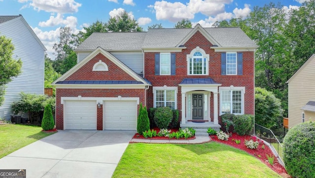 475 Bayswater Way, Suwanee, GA 30024 - view of front of home featuring concrete driveway, a garage, brick siding, and a front yard