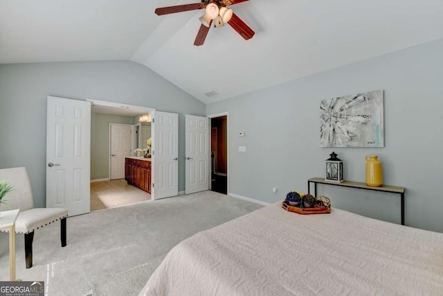 475 Bayswater Way, Suwanee, GA 30024 - bedroom featuring lofted ceiling, light colored carpet, ensuite bath, and a ceiling fan