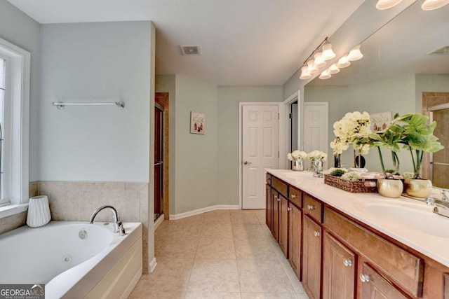 475 Bayswater Way, Suwanee, GA 30024 - full bathroom featuring a shower stall, double vanity, a tub with jets, and tile patterned flooring