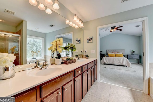 475 Bayswater Way, Suwanee, GA 30024 - full bath with ensuite bath, double vanity, a stall shower, vaulted ceiling, and tile patterned floors