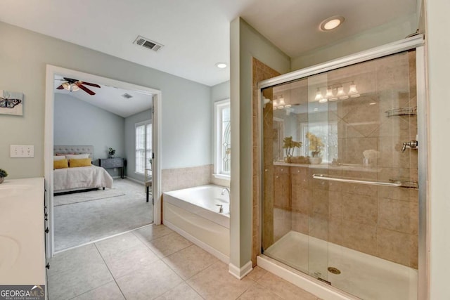 475 Bayswater Way, Suwanee, GA 30024 - full bath featuring a bath, ceiling fan, connected bathroom, tile patterned flooring, and a shower stall