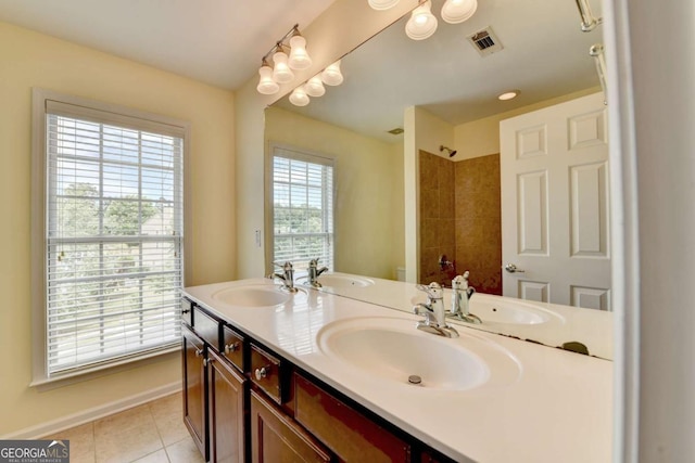 475 Bayswater Way, Suwanee, GA 30024 - bathroom with double vanity, tile patterned floors, and a shower