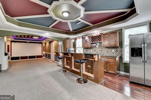 475 Bayswater Way, Suwanee, GA 30024 - cinema featuring crown molding, a community bar, decorative columns, coffered ceiling, and dark carpet