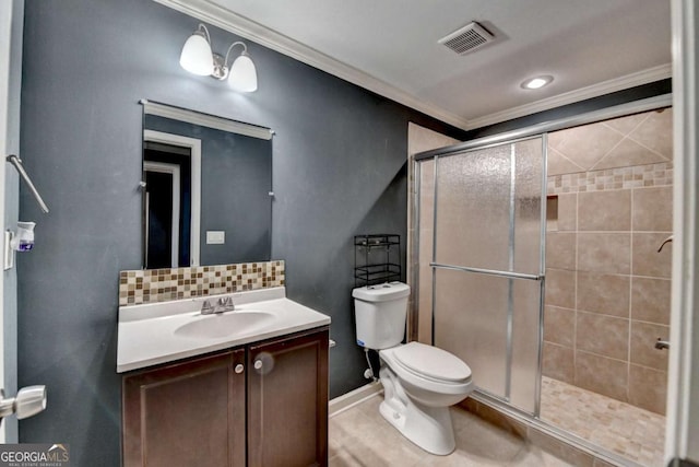475 Bayswater Way, Suwanee, GA 30024 - bathroom with crown molding, vanity, a stall shower, and backsplash