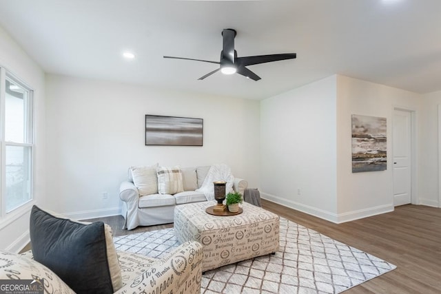 398 Baker Cir NW, Atlanta, GA 30318 - living area with ceiling fan, wood finished floors, baseboards, and recessed lighting