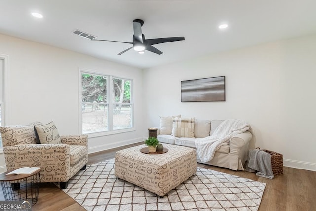 398 Baker Cir NW, Atlanta, GA 30318 - living room featuring a ceiling fan, baseboards, wood finished floors, and recessed lighting