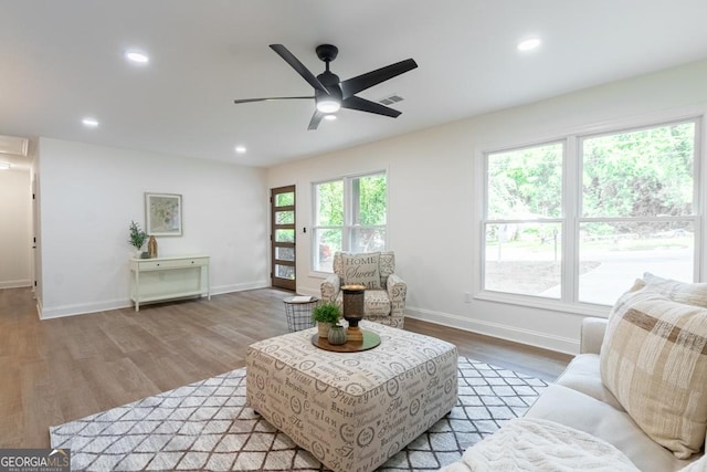 398 Baker Cir NW, Atlanta, GA 30318 - living room featuring wood finished floors, baseboards, a ceiling fan, and recessed lighting