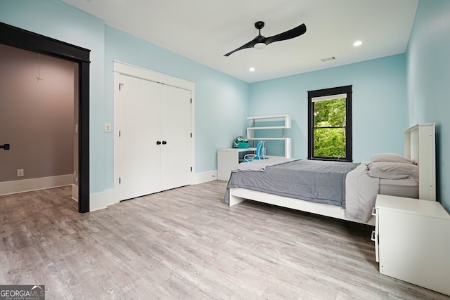 2804 Skyland Dr NE, Brookhaven, GA 30341 - bedroom featuring wood finished floors, baseboards, a closet, recessed lighting, and a ceiling fan