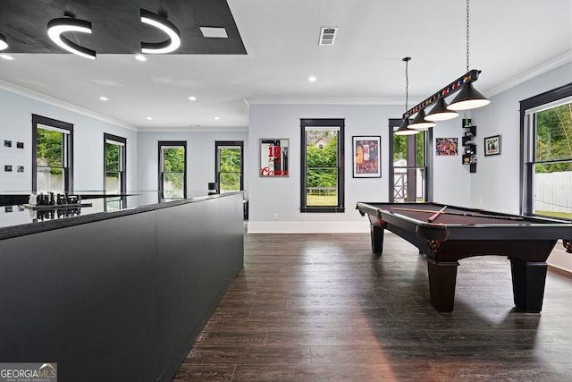 2804 Skyland Dr NE, Brookhaven, GA 30341 - game room with crown molding, dark wood-style floors, recessed lighting, baseboards, and billiards