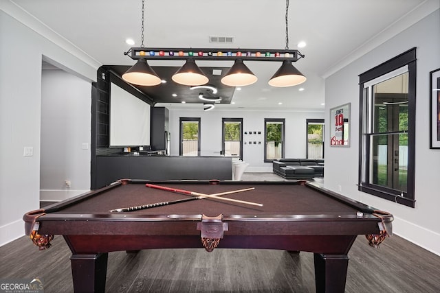 2804 Skyland Dr NE, Brookhaven, GA 30341 - game room featuring crown molding, baseboards, wood finished floors, billiards table, and recessed lighting