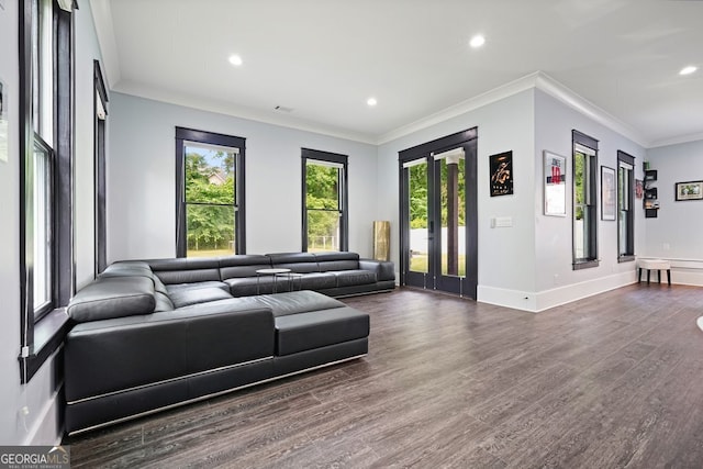 2804 Skyland Dr NE, Brookhaven, GA 30341 - living area featuring dark wood-style flooring, recessed lighting, baseboards, ornamental molding, and french doors