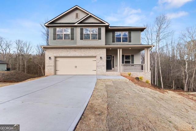 325 Magnolia Villas Dr, Cornelia, GA 30531 - view of front of property with covered porch, brick siding, driveway, and a garage