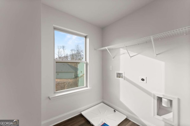 325 Magnolia Villas Dr, Cornelia, GA 30531 - laundry room featuring electric dryer hookup, washer hookup, dark wood finished floors, and baseboards