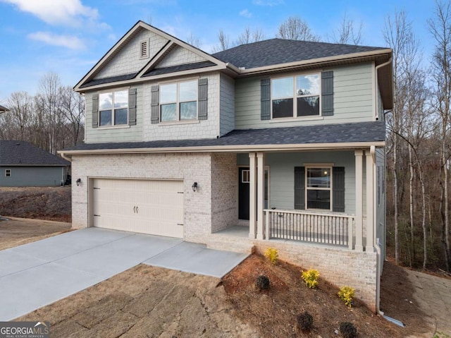 325 Magnolia Villas Dr, Cornelia, GA 30531 - view of front facade with covered porch, an attached garage, driveway, brick siding, and a shingled roof