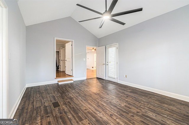 2701 Log Cabin Dr SE, Atlanta, GA 30339 - unfurnished bedroom with lofted ceiling, wood finished floors, baseboards, ceiling fan, and ensuite bathroom