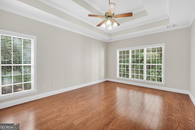 1315 Crane Ct, Mcdonough, GA 30252 - empty room featuring a raised ceiling, crown molding, healthy amount of natural light, wood finished floors, and a ceiling fan