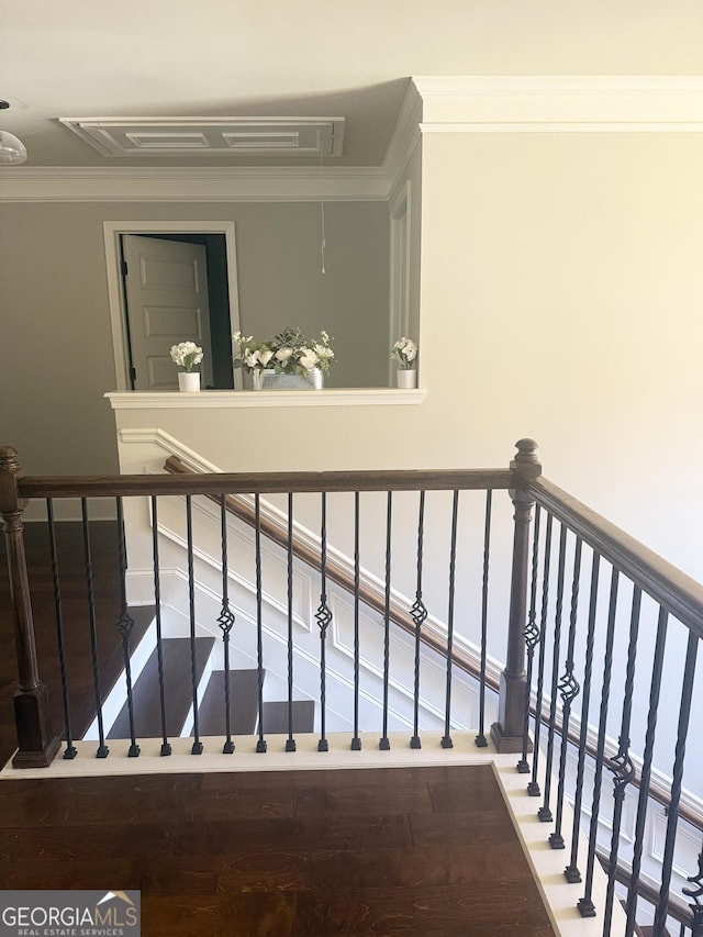 1869 Schofield Dr, Hampton, GA 30228 - staircase with attic access, crown molding, and wood finished floors