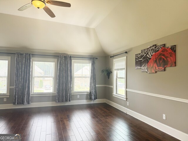1869 Schofield Dr, Hampton, GA 30228 - unfurnished room featuring wood-type flooring, vaulted ceiling, and ceiling fan