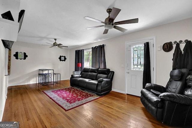 4110 Belvedere Dr, Gainesville, GA 30506 - living room featuring a ceiling fan, wood finished floors, and baseboards