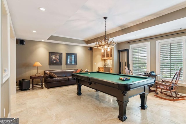 3903 Hazelhurst Dr, Marietta, GA 30066 - playroom with crown molding, billiards table, recessed lighting, a tray ceiling, and baseboards