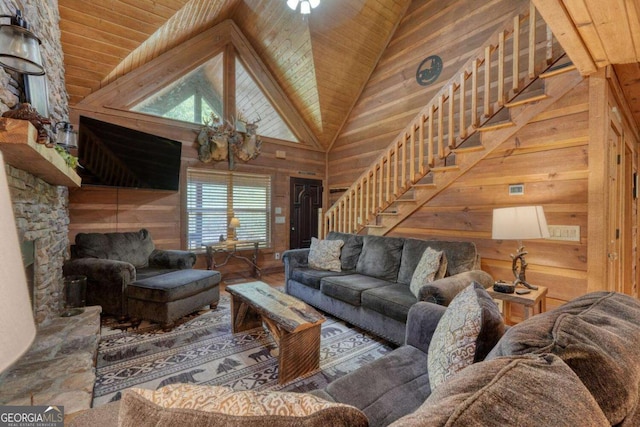 602 Mill Ridge Rd, Hiawassee, GA 30546 - living area with wooden walls, wood ceiling, stairway, high vaulted ceiling, and wood finished floors