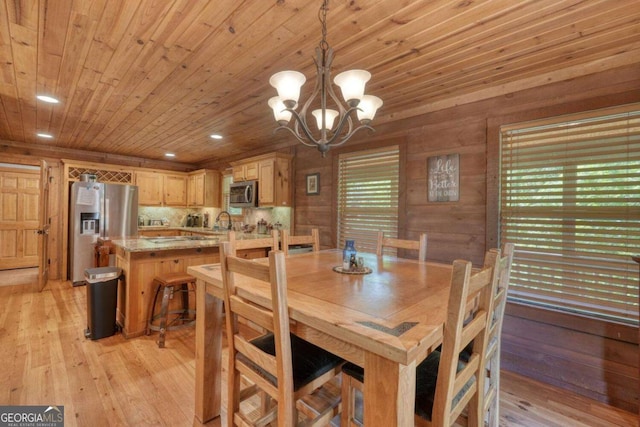 602 Mill Ridge Rd, Hiawassee, GA 30546 - dining room featuring a chandelier, wood ceiling, light wood-style floors, recessed lighting, and wooden walls