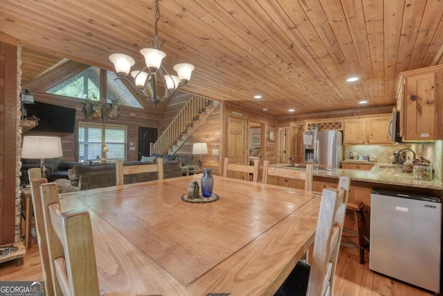 602 Mill Ridge Rd, Hiawassee, GA 30546 - dining area with wood ceiling, a chandelier, light wood finished floors, stairway, and recessed lighting