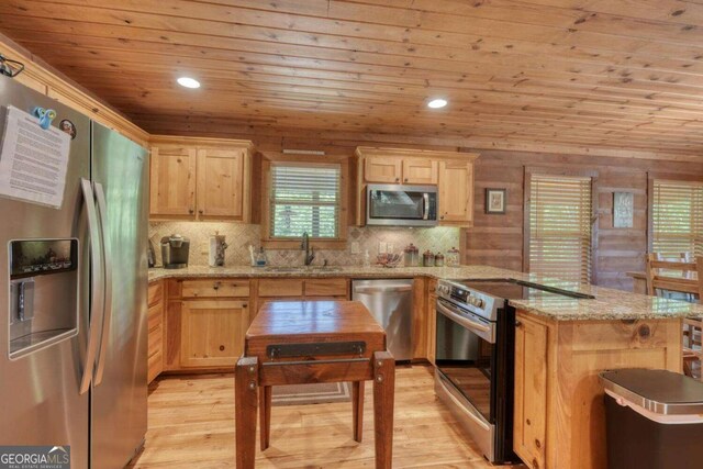 602 Mill Ridge Rd, Hiawassee, GA 30546 - kitchen featuring appliances with stainless steel finishes, wood ceiling, a sink, a peninsula, and light wood-style floors
