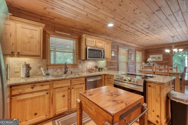 602 Mill Ridge Rd, Hiawassee, GA 30546 - kitchen with a sink, appliances with stainless steel finishes, wooden ceiling, a peninsula, and backsplash