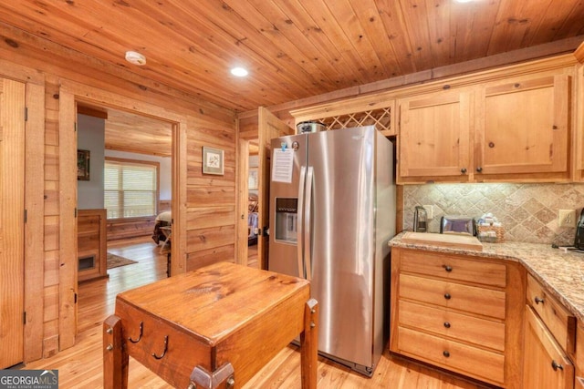 602 Mill Ridge Rd, Hiawassee, GA 30546 - kitchen with stainless steel fridge with ice dispenser, light wood finished floors, decorative backsplash, light stone counters, and wood ceiling