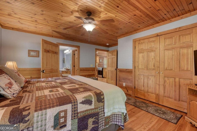 602 Mill Ridge Rd, Hiawassee, GA 30546 - bedroom featuring wainscoting, wood finished floors, wood ceiling, wooden walls, and a ceiling fan