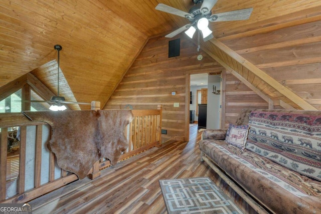 602 Mill Ridge Rd, Hiawassee, GA 30546 - living room featuring wooden walls, a ceiling fan, wood ceiling, vaulted ceiling, and wood finished floors