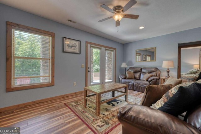 602 Mill Ridge Rd, Hiawassee, GA 30546 - living room featuring a ceiling fan, wood finished floors, and recessed lighting