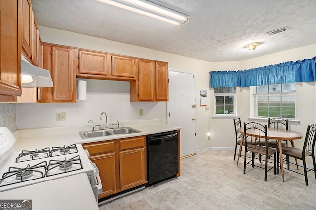 7847 Dogwood Way, Douglasville, GA 30134 - kitchen featuring black dishwasher, under cabinet range hood, a sink, white gas stove, and light countertops