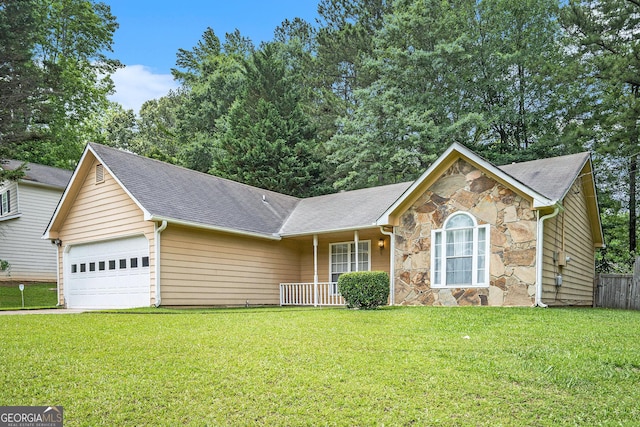 7847 Dogwood Way, Douglasville, GA 30134 - ranch-style house with stone siding, an attached garage, a shingled roof, and a porch
