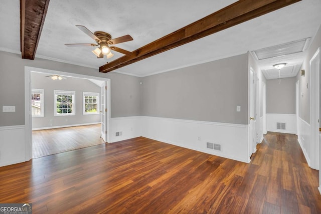 3642 S Bogan Rd, Buford, GA 30519 - spare room featuring attic access, a ceiling fan, wood finished floors, beam ceiling, and a wainscoted wall