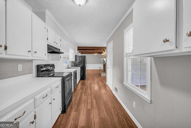 3642 S Bogan Rd, Buford, GA 30519 - kitchen with black appliances, under cabinet range hood, a sink, wood finished floors, and white cabinetry