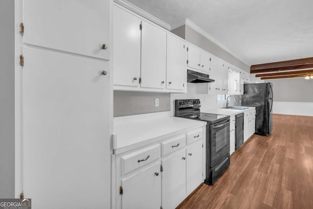 3642 S Bogan Rd, Buford, GA 30519 - kitchen featuring black appliances, a sink, under cabinet range hood, white cabinets, and wood finished floors