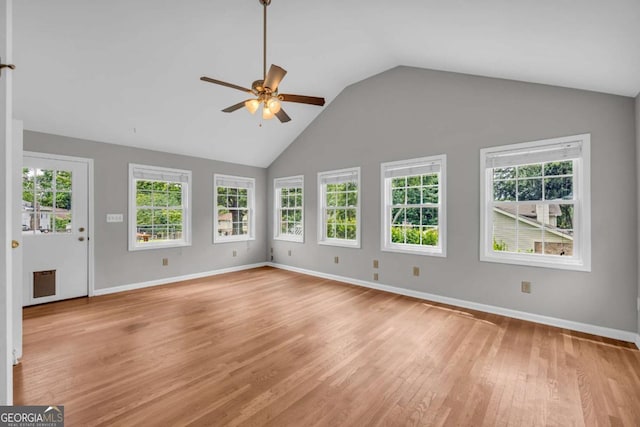 3642 S Bogan Rd, Buford, GA 30519 - unfurnished living room featuring ceiling fan, light wood-style floors, plenty of natural light, baseboards, and high vaulted ceiling