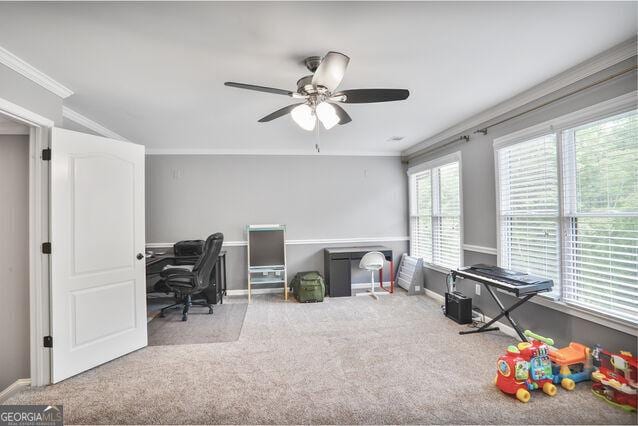 4818 Moon Hollow Ct, Buford, GA 30519 - carpeted office space featuring ornamental molding, a ceiling fan, and baseboards