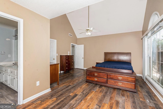 1478 Elena Dr, Mcdonough, GA 30253 - bedroom featuring high vaulted ceiling, wood finished floors, ensuite bath, access to outside, and a ceiling fan