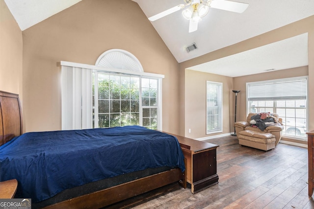 1478 Elena Dr, Mcdonough, GA 30253 - bedroom featuring high vaulted ceiling, hardwood / wood-style flooring, multiple windows, and a ceiling fan